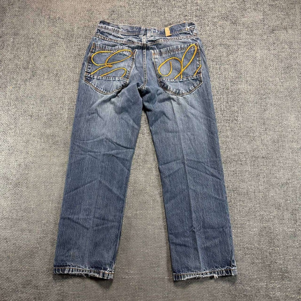 Exhaust Jeans Co Baggy Denim Mens 30x28 Blue Y2K Embroidered Streetwear Skate